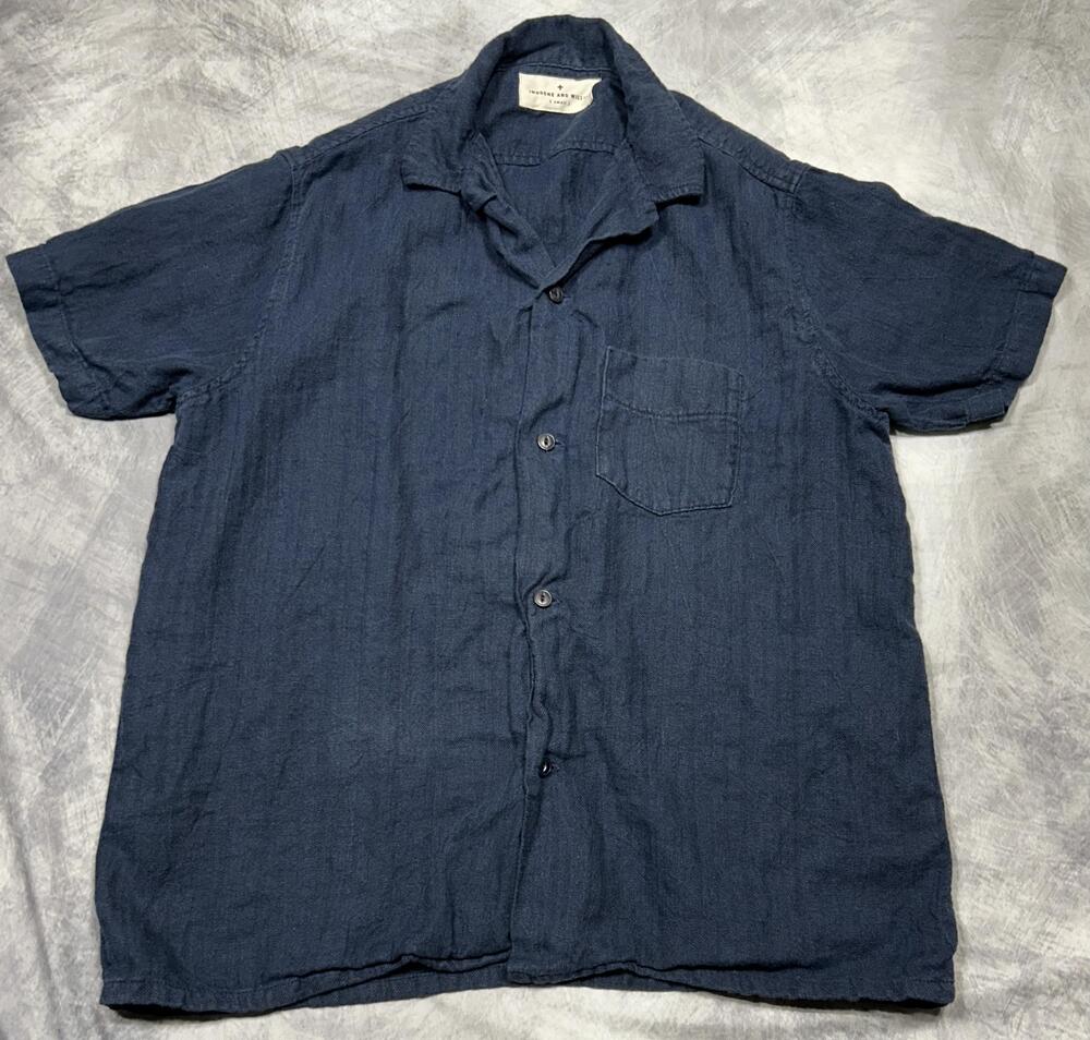 Imogene And Willie Shirt Mens Small Blue Linen Herringbone Short Sleeve Button